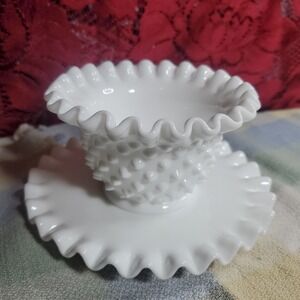 Vintage Fenton Milk Glass Hobnail‎ Mayonnaise Bowl and Underplate